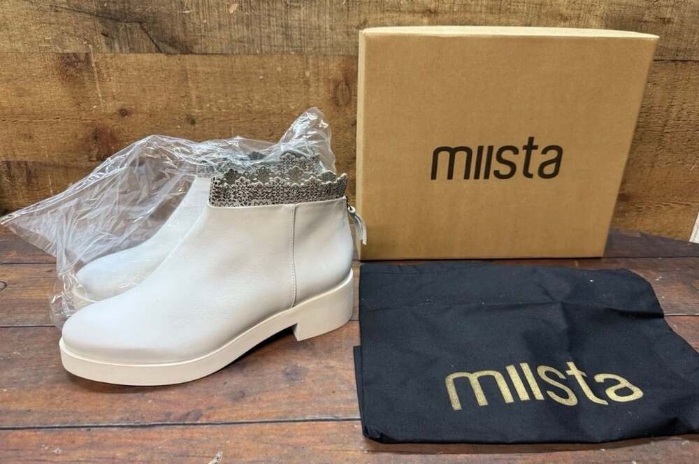 Miista Zip Back Lace Ankle Boot Size 9 White Leather Boots